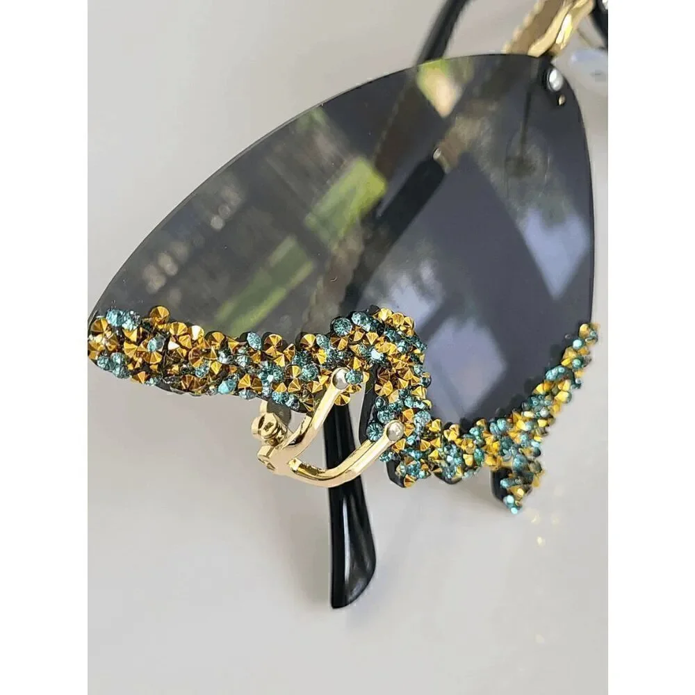 🦋✨ Rhinestone Diamond Butterfly Rimless Y2K Shades Sunglasses NEW